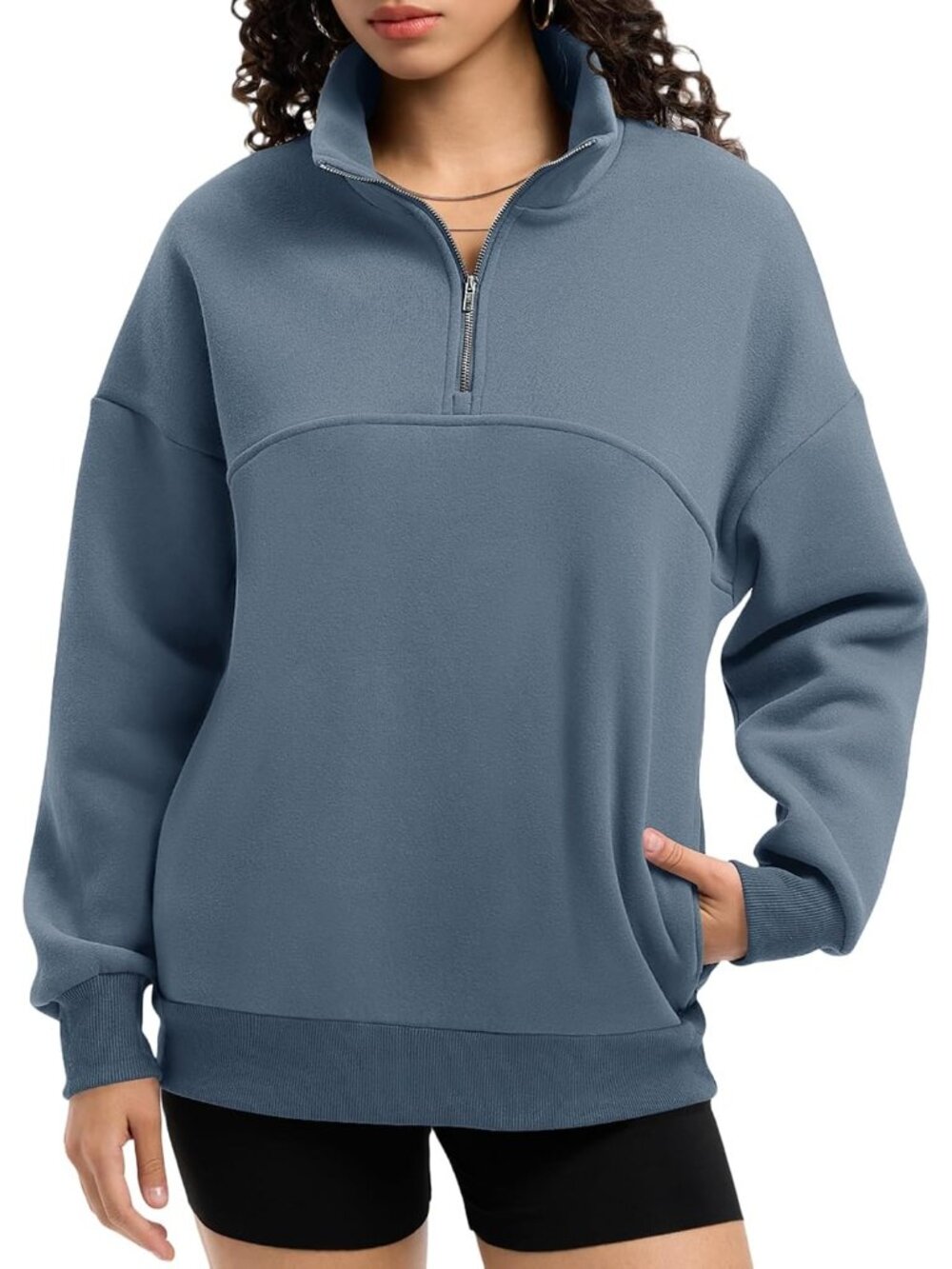 🆕Women's Grey Blue Fleece Quarter Zipper Pullover Oversized Half Zip Hoodie